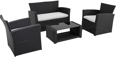 METRO Professional Salotto da esterno Brantford 4 pezzi, polyrattan/poliestere, 2 poltrone singole, 1 divano a 2 posti, 1 tavolino, nero