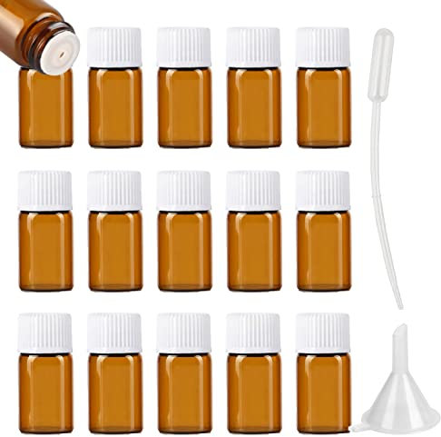 ZEOABSY 20 Stück Kleine Leer 3ml Braunglas Flasche mit Öffnungsreduzierer, Braun Tropfflasche mit Weiß Schraubverschluss Glasflaschen für Ätherisches Öle Essenzen Aromatherapie