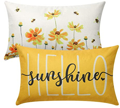 Weldomcor 2er Set Blumen Kissenbezug 30 x 50 cm, Gelb | Baumwolle Leinen Kissenbezug, Sommer Kissenbezug Dekorative Dekokissen Bauernhaus Dekorationen Kissenbezug für Sofa Couch
