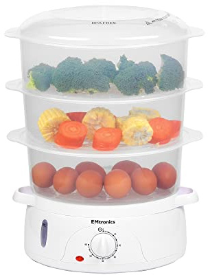 EMtronics 3-Tier Food, Meat & Vegetable Steamer with 60 Minute Timer, 10 Litres - White
