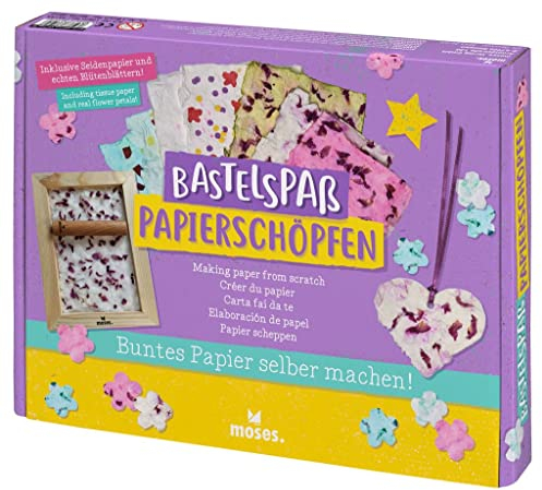 moses. Bastelspaß - Papierschöpfen, Kreativ-Set mit bebilderter Schritt-für-Schritt Anleitung, Bastelset für Kinder ab 6 Jahren, DIY-Set zur Papier Herstellung, Bunte Farben, 38195