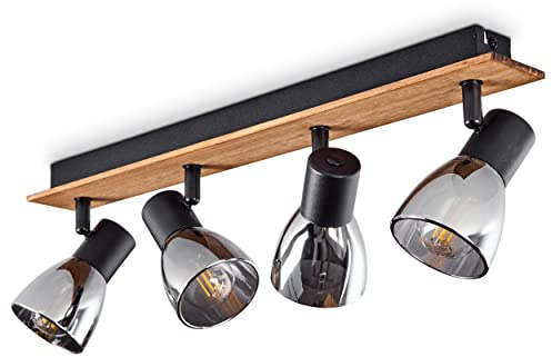HOFSTEIN Deckenleuchte Murianette, verstellbare Deckenlampe aus Metall/Holz/Glas in Schwarz/Natur/Rauch, moderne Leuchte im Retro/Vintage-Design, 4 x E14, Schlafzimmer, Wohnzimmer, Küche, Esszimmer