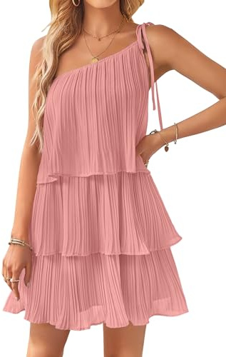 ZESICA Women's Boho Summer One Shoulder Sleeveless Ruffle Tiered Layered Chiffon Pleated A Line Flowy Mini Dress,Pink,Medium