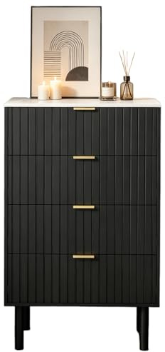 UEV Kommode mit Schubladen Schwarz 60cm breit, Schubladenschrank schmal, Marmoroptik-Oberseite, Beistellschrank hoch mit Kippschutz, modernes Sideboard Holz für Wohnzimmer, Schlafzimmer,Arbeitszimmer