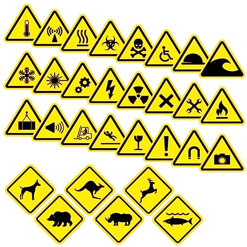 Stickerfreaks 30 Stück Warnhinweis Aufkleber 6x5cm 30er Set Magnet Licht Feuer Helm Hunde Schutz Helm UV Schutz laminiert wasserfest Digitaldruck Warnung
