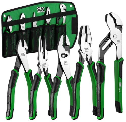 SK 5-Piece Pliers Set, 8 Needle Nose & Slip Joint & Diagonal Pliers, 9.5 Linesman, and 10 Groove Joint, CR-V Construction, Anti-slip Handle, with Rolling Pouch