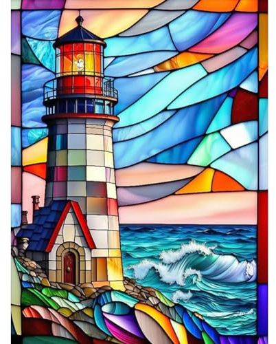 Stalente Diamond Painting Erwachsene Set, 5D DIY Diamond Art Kits for Beginners Round Full Drill Diamond Painting for Home Wall Decoration Gift 30×40cm/12×16inch, Stained Glass Leuchtturm