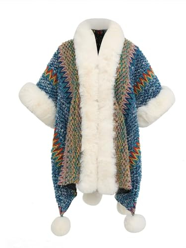 Poncho da donna in stile etnico vintage a righe colorate da donna con collo di pelliccia scialle cappotto in maglia scialle avvolgente cardigan aperto sul davanti per le donne, Blu scuro, Etichettalia