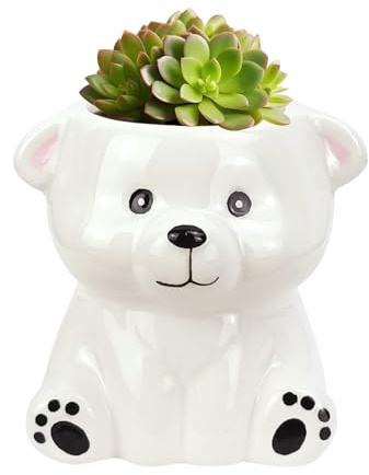 JOBVERT Lindas macetas de animales con drenaje, macetas de cerámica de animales, macetas pequeñas para decoración del hogar, regalos para mujeres y regalos para el día de la madre (oso blanco)