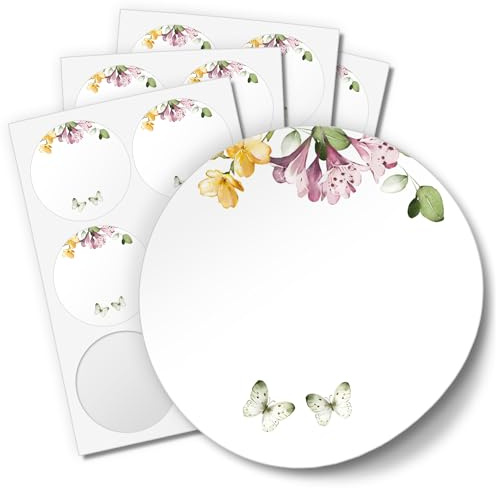 Einladungskarten Manufaktur Hamburg 48 Aufkleber ZUM BESCHRIFTEN für Hochzeit Geburtstag Danke Taufe Etiketten rund 4cm, Floral Schmetterling