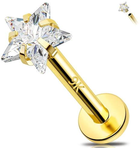 Melighting 14K Solid Gold Knorpel Herz Labret Stud CZ Flat Back Ohrring Innengewinde Tragus Piercing Schmuck 16G Star Helix, Gelbgold