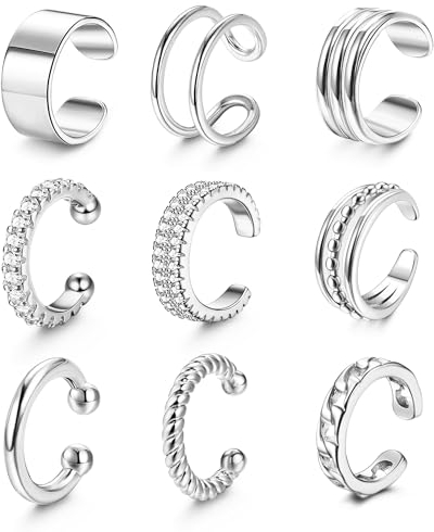 Chriscoco Ear Cuff Set für Damen Ohrmanschette Fake Ohrringe Fakepircings Ohr Earcuffs Gold Clip Ohrringe Non Piercing Helix Knorpel Wrap Cuff Ohrklemme Silber