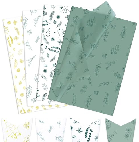 Larcenciel Seidenpapier 60 Blatt, Grün Seidenpapier Verpackungsmaterial zum Basteln, Geschenkpapier mit Botanisches Muster, Packseide Transparentpapier für Geburtstag Hochzeit Ostern Party (50x35CM)