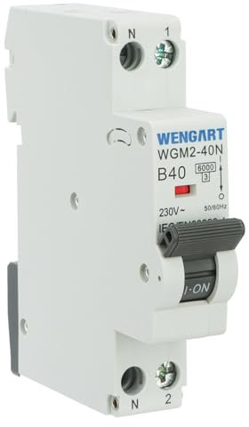 Wengart Disjoncteur miniature WGM2-40N, AC230 V 40 A 1P+N 6 kA B-Char, interrupteur de sécurité électrique pour la maison/l'industrie