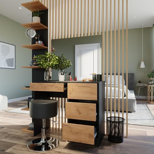 Vicco Schminktisch Sherry, Anthrazit/Goldkraft Eiche, 90 x 75 cm | mit Spiegel & Hocker, mit Sitzbank und großem Spiegel für vielseitige Anwendung
