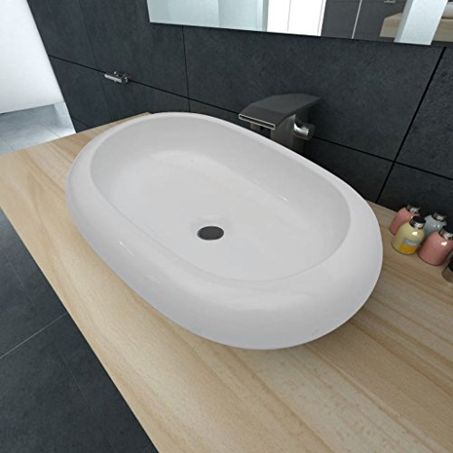 ShGaxin Lavabo, lavabo à poser sur plan de travail, lavabo de salle de bain, meuble de salle de bain, meuble lavabo, ovale en céramique blanche 63 x 42 cm