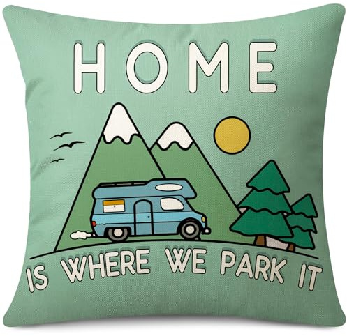 JOTOM Cushion Cover 45x45 cm Motorhome Gadgets Caravan Camping Home is Where We Park it Throw Pillow Cover Campervan Accessories Gift Pillow Case Holiday Couch Bed Sofa Decor (Camping Green)