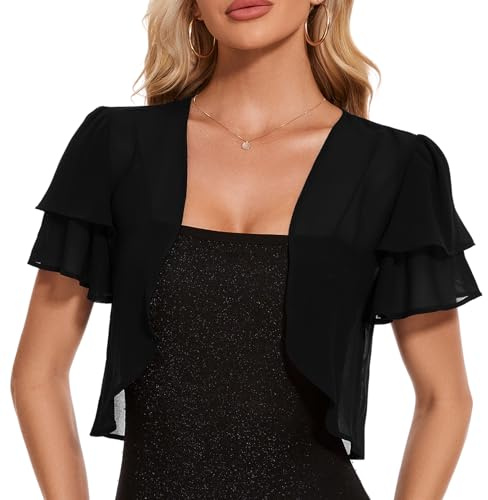 Atxnn Women's Bolero Shrugs Elegant Open Front Cardigans Sheer Jackets for Women UK Short Sleeve Tops Summer Shawl for Evening Wedding Dress Black