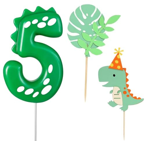 Dino Geburtstagskerzen,Geburtstagskerzen Zahlen 5,Dinosaurier Kerzen Geburtstag,Kerzen Zahlen,mit 2 Stück Cake Topper,für Alle Geburtstag Zubehör Dinosaurier Thema Party Kuchen