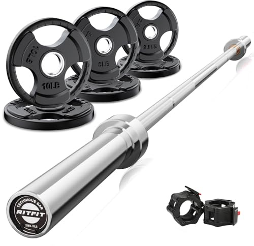 RitFit Barbell Weight Set - 4/6FT Olympic Barbell with Weight Plates (55-115LB Total) - Weightlifting Equipment for Squats, Curls, Deadlifts, Presses, Hip Thrusts 6FT Silver Bar with 35LB Plates