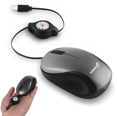Mini Wired Mouse, Silent Portable Optical Travel Small Mice,with Type-C Retractable Cable, Plug & Play, for Kids Small Hand, for Laptop MacBook Tablet Smartphone, Children Boy Girl Woman Gift（Grey）