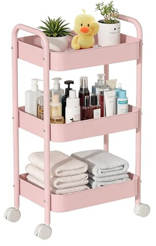 Siocok 3 Tier Metal Storage Trolley on Wheels, Storage Cart, Rolling Utility Cart, Easy Assembly for Home Kitchen, Bathroom Laundry and Office (Pink)