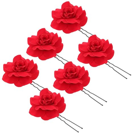 Healvian 6pièces Pince à Cheveux Fleur Rouge Velours Style Chinois Forme De Rose Accessoires Pour Femme Danse Mariage Fête Coiffure Élégante