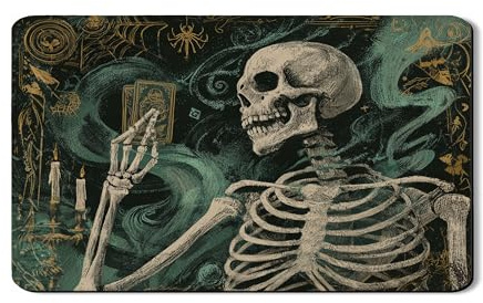 Skeleton Dish Drying Mats For Kitchen Counter, Vintage Gothic Absorbent Rubber Dish Rack Mat, Halloween PU Leather Drying Pad For Kitchen Coffee Bar 12x20 Inch