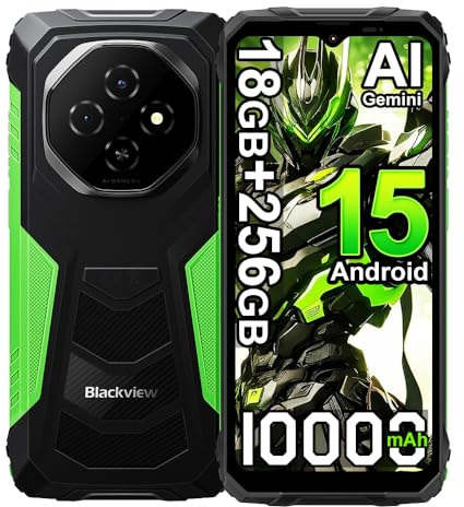 Blackview Fort 1 Android 15 Movil Irrompible (2025), 18GB+256GB,16MP Cámara AI Smartphone Todoterreno, 6.56 HD+ 10000mAh Teléfono Móvil Resistente, Dual SIM 4G Telefono NFC/GPS/5G WiFi/FM (Verde)