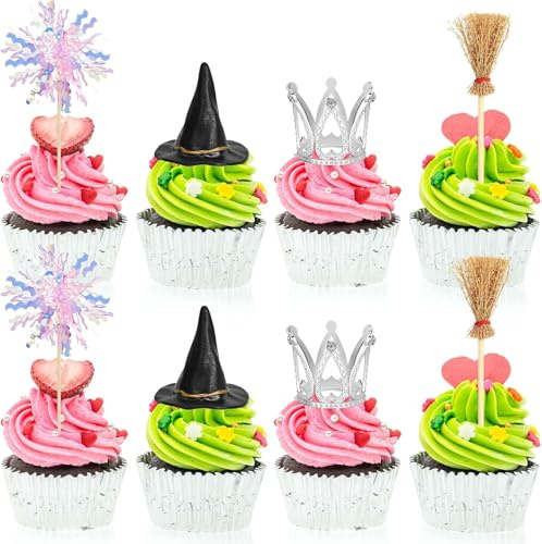 24 Stück Hexenhut Krone Besen Feuerwerkstäben Cake Topper Böse Hexen Tortendeko Cupcake-Aufsätze für Halloween Geburtstag Prinzessinnen Motto Hochzeit Themenpartys Dekorationen
