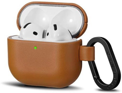 ORNARTO Kompatibel med AirPods 4-fodral, fullt skyddande läderfodral med karbinhake för AirPods 4:a generationen (2024), främre synlig LED-karamellbrun