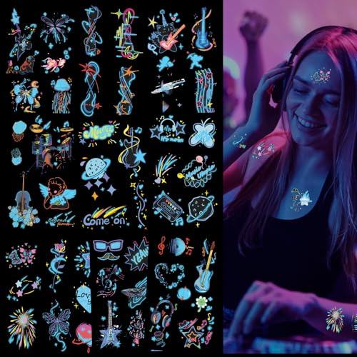 Qpout 10 Fogli Di Tatuaggi Temporanei Musicali Che Si Illuminano Al Buio, Chitarra Rock and Roll Blu Luminosa E Adesivi Con Stelle per Tatuaggi Finti per Feste Di Compleanno A Tema
