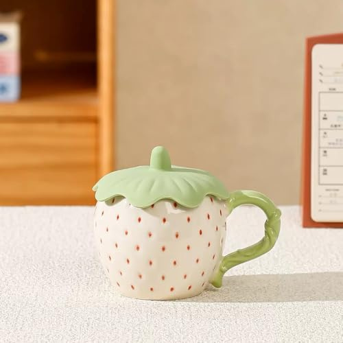 MAGICVOGEL Cute 3D Erdbeere Kaffeebecher mit Silikon Deckel 400ml Porzellan Kaffeetasse Milchbecher Schöne Teetasse Geschenk für Frau Mädchen Freundin Oma (Weiß)