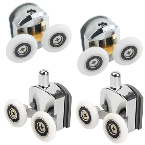 WeddHuis 4 Piezas Set de rodamientos de mampara corredera de ducha doble, ruedas mampara ducha, rueda para puertas correderas, rueda mamparas, con guías y ruedas de 25 mm de diámetro