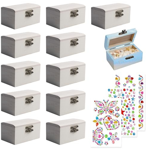 GOEDCH Mini skattkista: 12 stycken gör-det-själv liten trälåda med lock med 3 klistermärken, skattkista barnfödelsedag för målning, hantverk presentförpackning för födelsedagskalas, kreativa leksaker