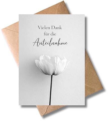 WBdesignz 10er-Set Trauerkarten „Vielen Dank für die Anteilnahme“ mit Umschlägen - Danksagung nach Trauerfall mit Tulpenmotiv - Kondolenzkarte für Beileid, Trauerfeier oder Abschied (DIN A6)