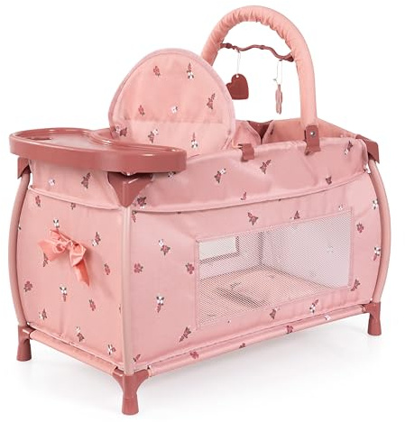 Bayer Design Puppenbett mit integriertem Hochstuhl, Esstablett, Mobile | mit Bettdecke und Kissen, für Puppen bis 46 cm, modernes Design, bestens für Rollenspiele geeignet