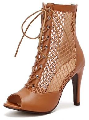 Generico Donna Rete Trasparente Suede Pelle Materiale Misto Stivaletti Peep Toe Stiletto Tacco Alto Lacci Dietro Cerniera Scarpe Eleganti Stivaletti Festa Sera Occasione Scarpe,Brown 2,41 EU