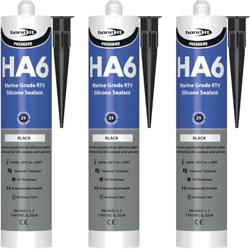 Bond It HA6 Marine Grade RTV Silicone Sealant 310ml x 3 Pack – Aquarium Safe High Modulus Waterproof Silicone Adhesive for Fish Tanks, Marine, Glass, Pond & Exterior Use (Black)