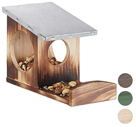 Relaxdays Mangeoire pour écureuils, Hotte en Bois, Toit métallique étanche, à accrocher, pour Le Jardin, Effet flammé, Marron