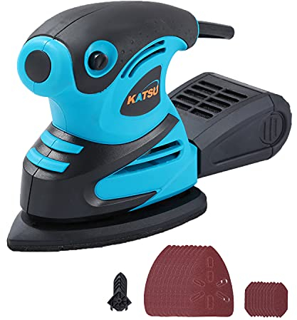 KATSU Multischleifer 180W 15000 RPM Deltaschleifer elektrischer Handflächenschleifer mit Staubsammler und 20 Stück Schleifpapier für Ecke Kante, Metal Holz 100176