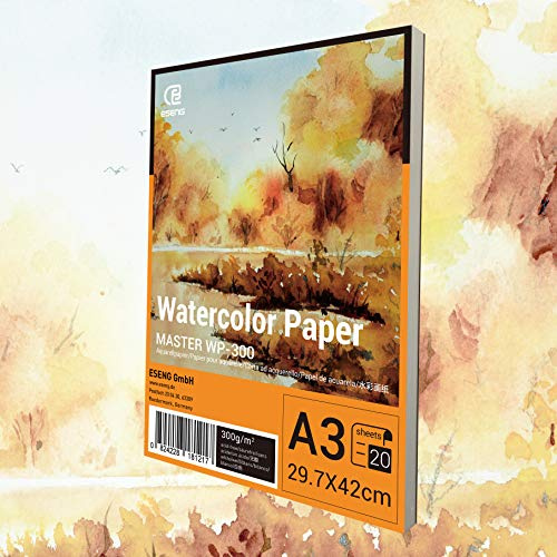 ESENG® Premium akvarellpapper DIN A3 - 20 ark - 300 GSM - vit, akvarellblock, målarblock papper för akvarell, teckning, målning