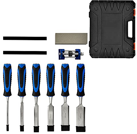 6 Piece Wood Carving Chisel Set with Honing Guide, Sharpening Stone, Carpenter Pencil & Storage Case