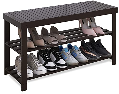 SMIBUY Sturdy Bamboo Shoe Rack Bench, 3-Tier Shoe Organizer, Storage Shelf for Entryway Hallway Bathroom Living Room (Dark Brown)