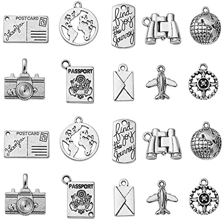 KitBeads 100 Stück tibetische Reisepass Charms gemischter Stil: Kamera, Globus, Flugzeug - Legierung, unisex Schmuckanhänger