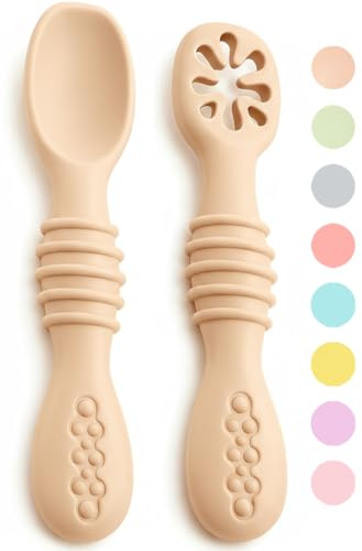 VegMai® Precucchiai per bambini. BLW Learning Spoons, Phase 1 + Phase 2. Raccomandato da nutrizionisti ed esperti di svezzamento. Rivestito in Silicone Antibatterico ed Ergonomico. (SALMONE)