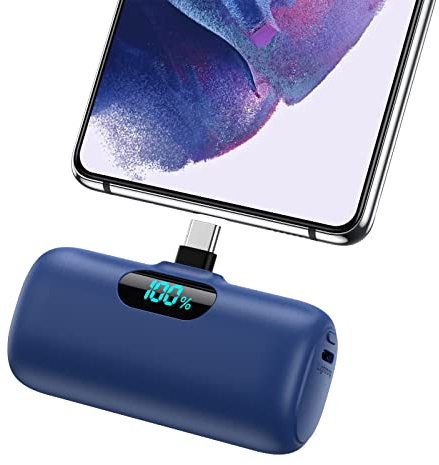 Feob Mini Power Bank, 5000mAh USB C Cargador Portátil 15W PD Carga Rapida Batería Externa Compacto Powerbank con Pantalla LCD Compatible con iPhone 16/15 Pro Samsung USB C Teléfonos etc-Azul
