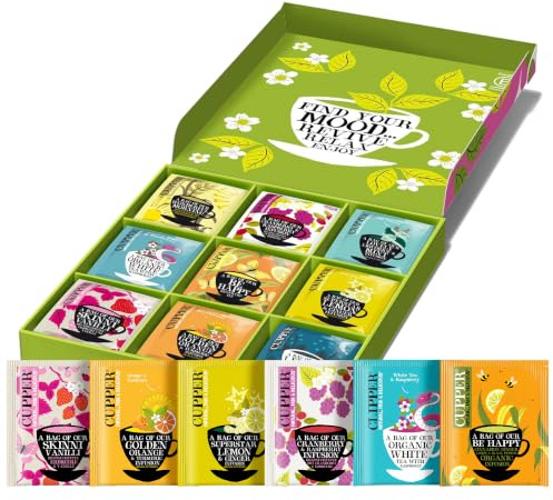Cupper Bio Tee Geschenkset | 9 Sorten | 45 Teebeutel Geschenkidee | Bunte Teebox mit 9 Sorten | Kräuter- & Früchtetee | fair gehandelt