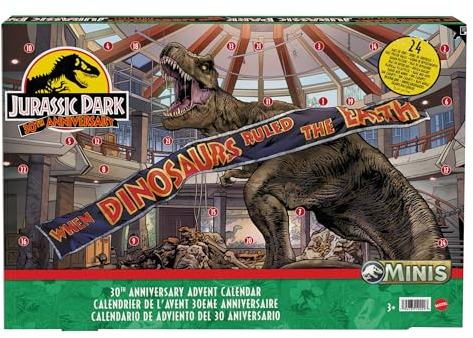 JURASSIC WORLD 30. Jubiläum Adventskalender - 24 Türchen mit Mini-Dinosauriern, Menschenfiguren und Teilen für einen aufregenden Spielbereich, für Kinder ab 4 Jahren, HTK45