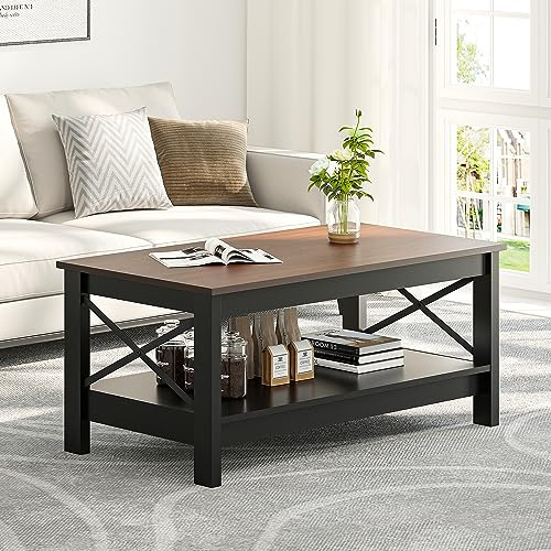 YITAHOME Tavolino da caffè, piccolo tavolino in legno a 2 ripiani con ripiano portaoggetti, tavolini da caffè per soggiorno, super stabilità, accento in legno spesso per cocktail center